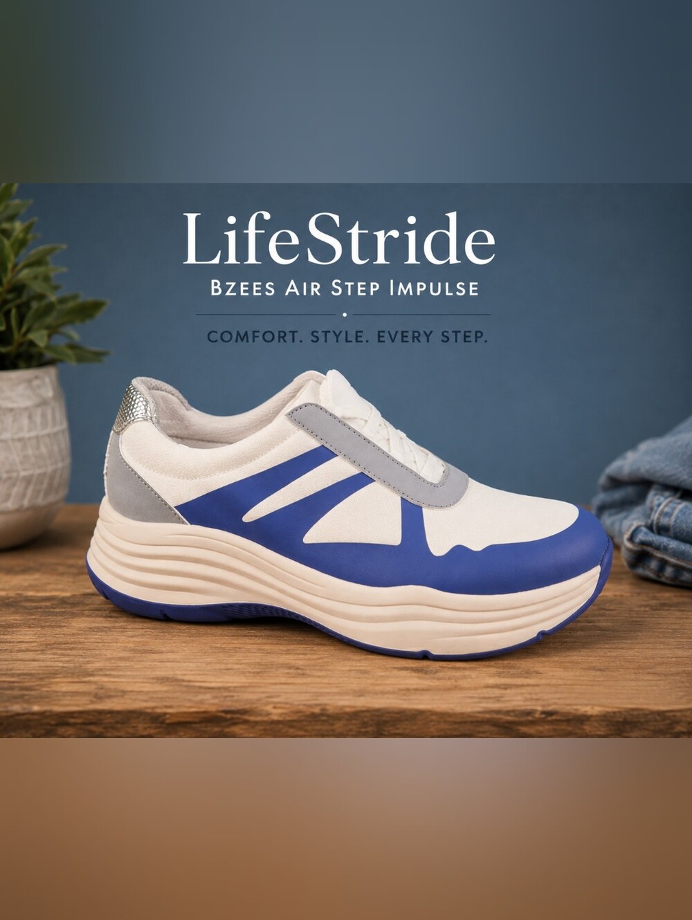 LifeStride BZEES Air Step Impulse Women's Sneakers – White/Skipper Blue –Size 11